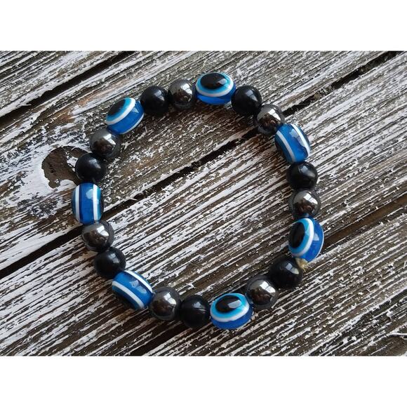 Vintage Black and Blue Glass Bead Bangle Bracelet,  Classic Stacking Bracelets, - Picture 8 of 8